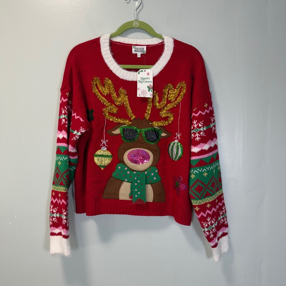 Major Major Reindeer Ugly Christmas Sweater Red Sequin Tinsel XJ87616 Large